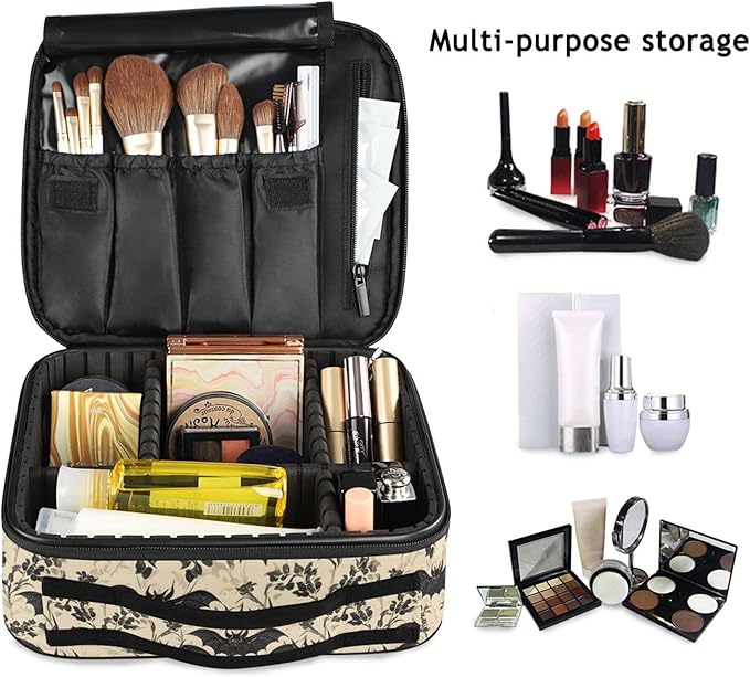 MNSRUU Travel Makeup Bag, Bats and Flowers Vintage Women Makeup Case Organizer Cosmetic Toiletry Bag for Teenage Girl with Adjustable Dividers