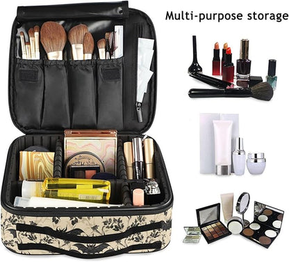 MNSRUU Travel Makeup Bag, Bats and Flowers Vintage Women Makeup Case Organizer Cosmetic Toiletry Bag for Teenage Girl with Adjustable Dividers