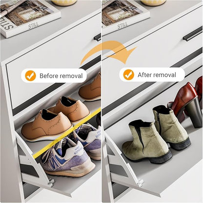 Narrow Shoe Storage Cabinet - Slim Shoe Cabinet with 2 Flip Drawers White Shoe Organizer Cabinet for Entryway & Front Door Entrance
