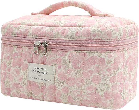 Large Makeup Bag, Cute Cosmetic Bag for Women Girls, Floral Coquette Aesthetic Toiletry Bag, Travel Make Up Organizer Bag (Crushed Flower)