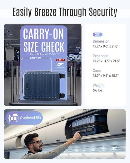 LIGHT FLIGHT Carry On Luggage 22x14x9 Airline Approved, Carry On Suitcases with Wheels, Expandable Hardside Lightweight Rolling Travel Luggage with TSA Lock 20 Inch Carryon, Royal Blue
