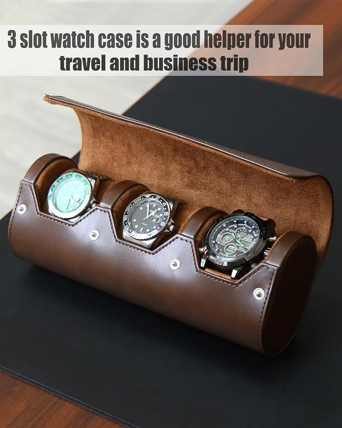 watch box organizer for mens watch case travel roll Portable 3 Watch Display Storage with Velvet Sections to Holder Large Watch (Dark Brown)