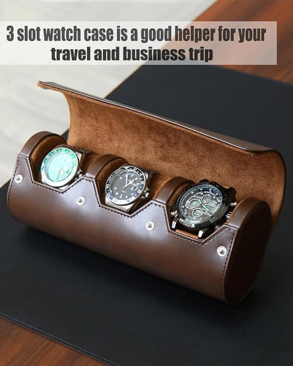 watch box organizer for mens watch case travel roll Portable 3 Watch Display Storage with Velvet Sections to Holder Large Watch (Dark Brown)