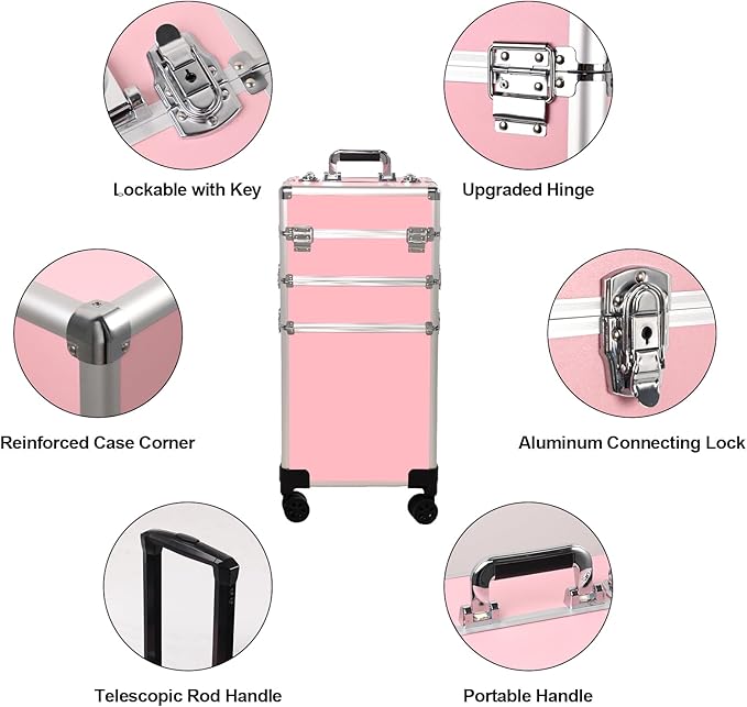 Rolling Makeup Case, Cosmetology Case on Wheels with Large Storage, Durable Design, Ideal Gift for Makeup Artists, Hairstylists, Nail Techs, Portable Beauty Organizer for Travel or Salon Use, Pink