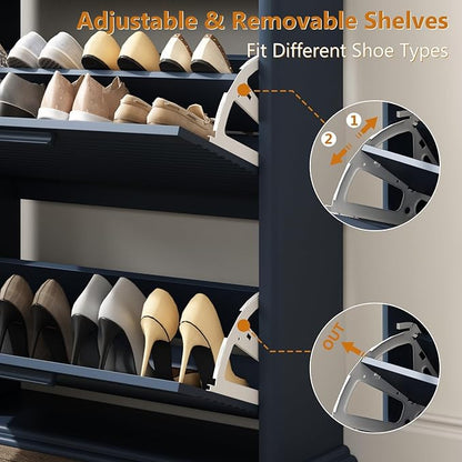 Fluted Shoe Cabinet for Entryway, Modern Shoe Storage Organizer with 2 Flip-Down Drawers & Adjustable Shelves, Hidden Narrow Slim Shoe Rack for Hallway, Mid-Century Modern Furniture, Dark Navy Blue