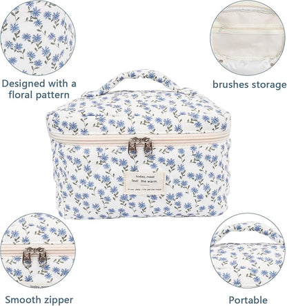 Large Makeup Bag, Cute Cosmetic Bag for Women Girls, Floral Coquette Aesthetic Toiletry Bag, Travel Make Up Organizer Bag (Blue Peacock Flower)