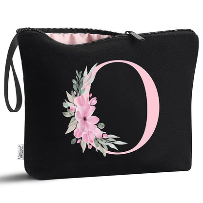 Vavabox A-Z Personalized Makeup Bag, Birthday Gifts for Women Mom, Gifts for Best Friend, Bride Bridesmaid Cosmetic bag (O, Black)