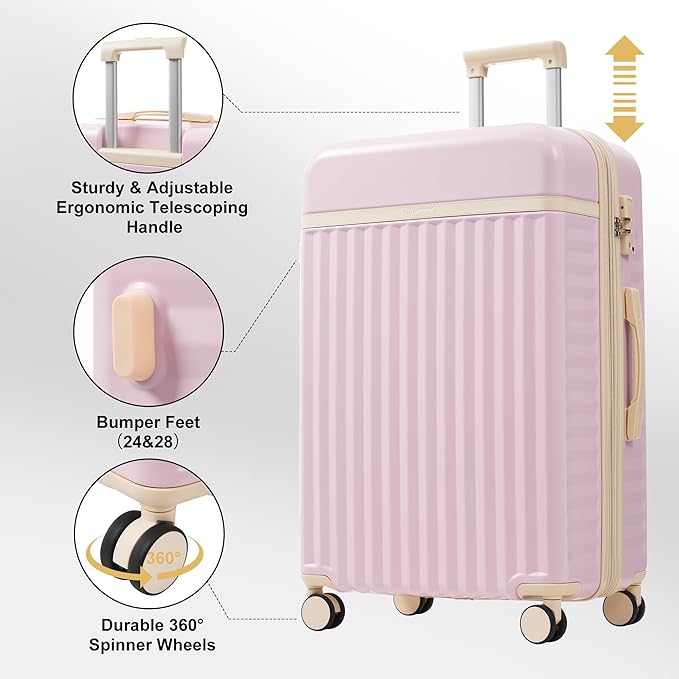 Merax Luggage Sets 5 Piece,Hardshell Expandable Suitcase with Spinner Wheels and Travel Bags,Lightweight Carry on Luggage,20/24/28IN,Pink