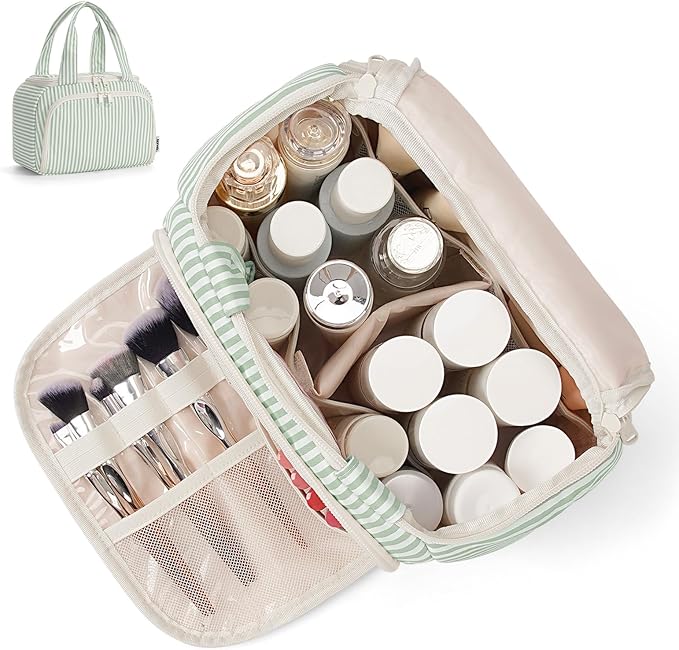 Narwey Large Travel Toiletry Bag, Wide-open Travel Bag for Toiletries, Toiletry Bags for Traveling Women, Cosmetic Make Up Makeup Bag Organizer with Wet Pocket, Shower Skincare Bag (Mint Green Stripe)