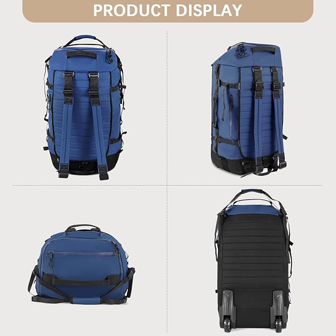 CONTAIL 86L Wheeled Duffel Bag, Soft Shell with Adjustable Web Handles, Carry On Size 29.5x14.2x12.6in, Foldable with Dual Wheels & Shoe Compartment,Navy