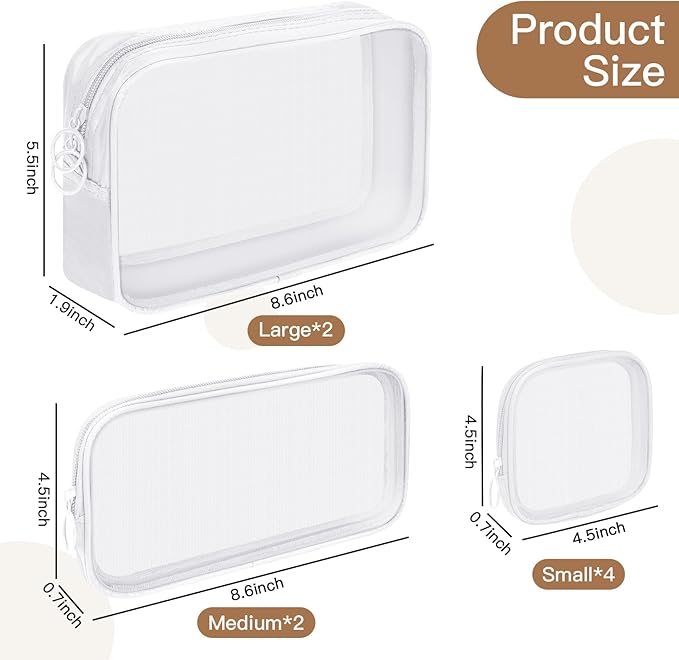 8 Pcs Mesh Makeup Bag Nylon Zipper Pouch Clear Small Mesh Bags Travel Toiletry Bag Makeup Brush Holder Purse Organizer Pouches (White, Small, Large, Medium)