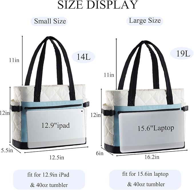 Puffer Tote Bag for Women, Work Bag with Cup Holder, Teacher Bag with Compartments, Quilted Tote Bag with Zipper for Travel