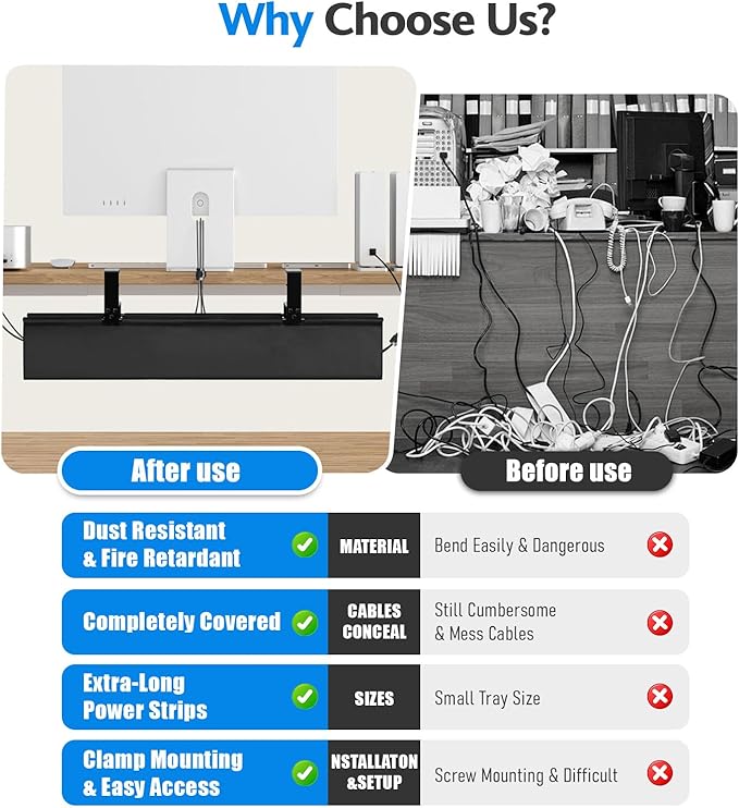 Under Desk Cable Management Tray No Drill, Premium Fabric Cord Organizer for Table - Desk Cable Organizer Cable Tray Hiders for Office&Home (47.2″L x 13.7" W)