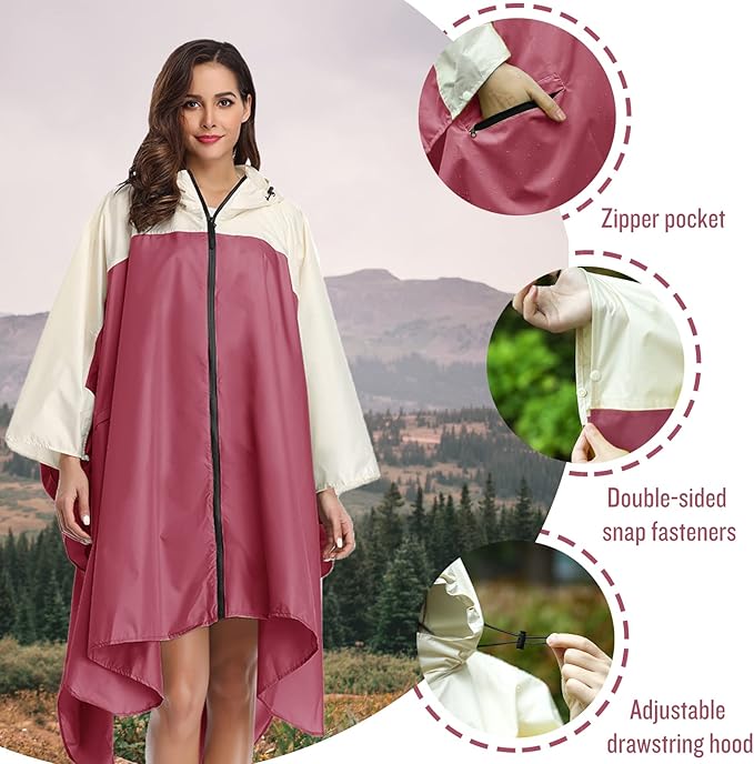 SaphiRose Unisex Rain Poncho Waterproof Raincoat Hooded for Adults Women with Pockets