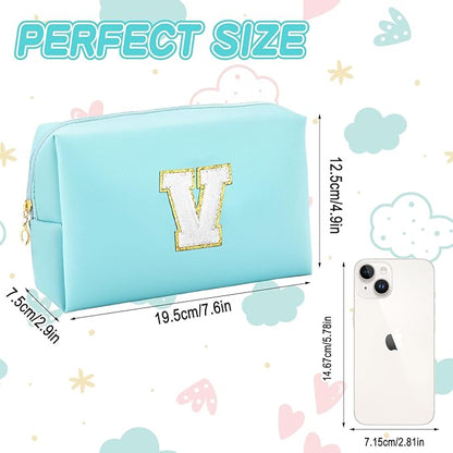 Gifts for Girls Initial Makeup Bag Personalized Cosmetic Bag with Zipper Cute Travel Toiletry Bag Waterproof PU Preppy Makeup Pouch Birthday Gift for Teen Girls Women(Blue V)