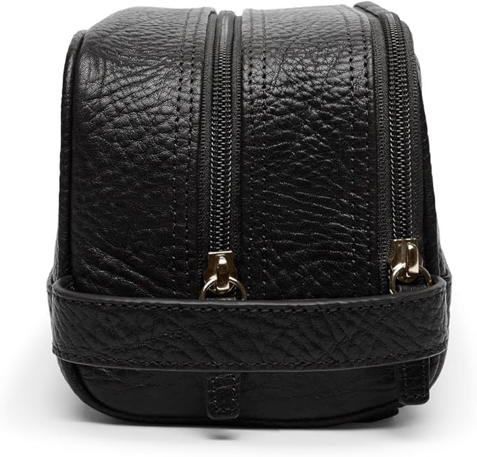 Leatherology Premium Ebony Leather Toiletry Bag – Small Double Zip Dopp Kit – Full Grain Leather Travel Organizer with Water-Resistant Lining – Compact Grooming Bag for Men or Women