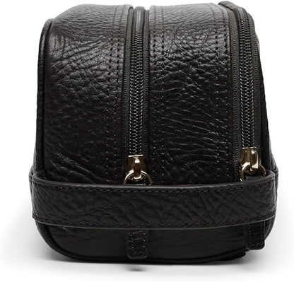 Leatherology Premium Ebony Leather Toiletry Bag – Small Double Zip Dopp Kit – Full Grain Leather Travel Organizer with Water-Resistant Lining – Compact Grooming Bag for Men or Women