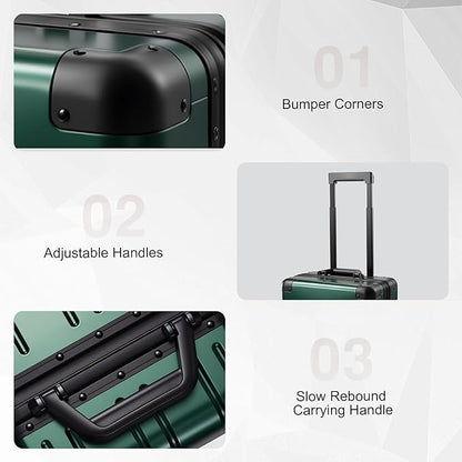 All Aluminum Carry On Luggage 22x14x9 Airline Approved，Zipperless Luggage Premium Aluminum Suitcase Luggage, Hard Shell Carry On Luggage with Spinner Wheels (dark green, 20inch)