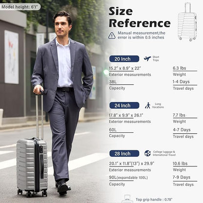 Coolife Carry On Luggage Airline Approved with Wheels Hard Shell Suitcase Spinner TSA Lock Telescopic Handle 20-inch,Silver