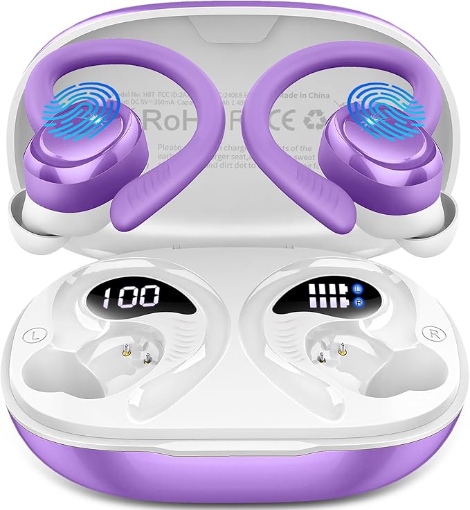 Wireless Earbuds Sport, New Bluetooth 5.4 Headphones with Earhooks, 50H Stereo Deep Bass Over Ear Buds with 4 ENC Noise Canceling Mics, IP7 Waterproof Earphones for Running Workout Gym -Purple