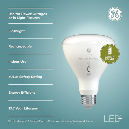 GE LED+ Battery Backup LED Light Bulbs, Emergency Light Bulb for Power Outages + Flashlight, BR30 Indoor Floodlights (3 Pack)