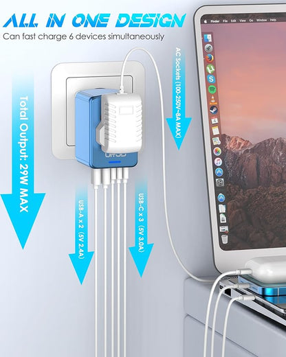 Universal Travel Adapter Offers 6.0A 3X 3.0A USB-C Ports, 2X 2.4A USB-A Ports and 2500W Multi AC Outlet, International Power Plug Adapter Worldwide Travel Charger for EU USA UK AUS (Blue)