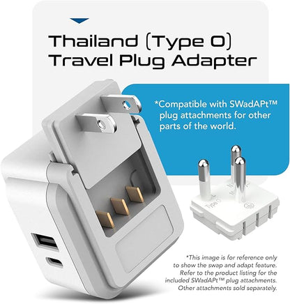 Ceptics Thailand Travel Adapter Set, PAK KIT 20W PD & QC, Type O - 3.1A - 4 in 1-2 USA Inputs, 1 USB Port, 1 USB-C Port - Compact, Powerful - Includes Type O Swadapt Attachments