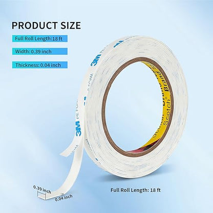 3M 1600T Double Sided Tape, PE Foam Tape 0.39" x 18 Ft White Removable Strong Adhesive No Residue for RV Picture Hanging, Posters Frames Wall Decor Indoor & Outdoor Use