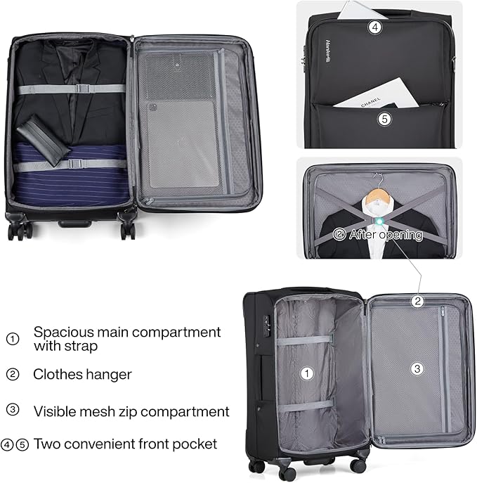 Hanke 3 Piece Luggage Sets Softside Expandable Carry On Luggage Set Travel Suitcase Sets with Spinner Wheels TSA Approved Luggage(Black, 20in/24in/28in)