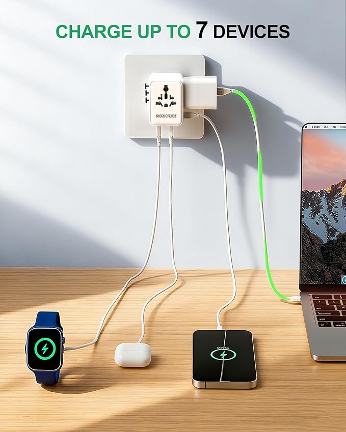 35W Universal Travel Plug Adapter,7-Port PD&QC Fast Charging Power Adapter(2AC&2USB-A&3USB-C),Worldwide Outlet Wall Charger for USA/EU/UK/AUS Over 200 Countries-Type C/A/G/I