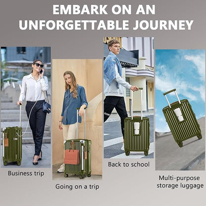 Joyway Carry On Luggage, Expandable Suitcase with Smart Cup Holder and USB Port, 20 IN Hardside Checked with TSA Lock Spinner Double Wheels, Green
