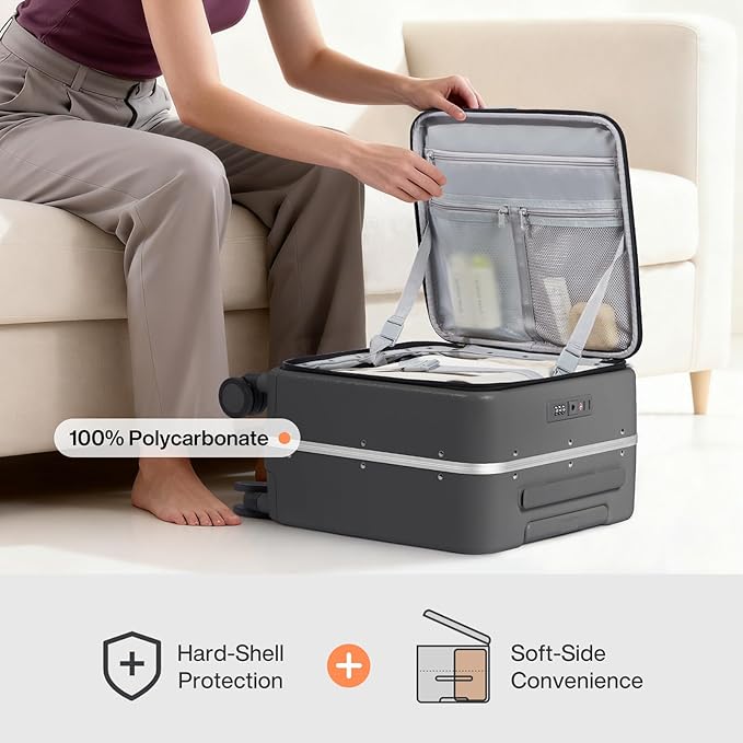 mixi 14 Inch Underseat Carry On Luggage PC Hard Shell Suitcase Top Opening Aluminum Frame Travel Suitcases with Wheels, Rock Gray