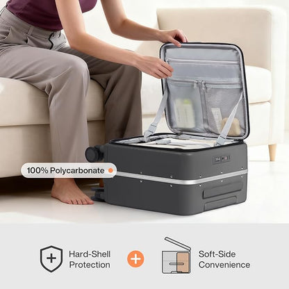 mixi 14 Inch Underseat Carry On Luggage PC Hard Shell Suitcase Top Opening Aluminum Frame Travel Suitcases with Wheels, Rock Gray