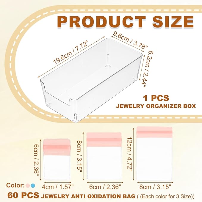 PATIKIL Clear Jewelry Box, Organizer Holder Box with 60 Pcs Portable Anti Tarnish Jewelry Bags, Travel Case for Women Earrings Rings Necklaces Bracelets, Pink, Blue 3 Size