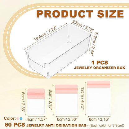 PATIKIL Clear Jewelry Box, Organizer Holder Box with 60 Pcs Portable Anti Tarnish Jewelry Bags, Travel Case for Women Earrings Rings Necklaces Bracelets, Pink, Blue 3 Size