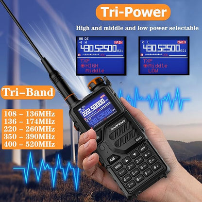BAOFENG K5PLUS Tri Band Ham Radio Handheld,Walkie Talkies Long Range NOAA Weather Receiver High Power Two Way Radios with One Key Frequency Match,USB C Charger,999CH with Extra 2500mAh Battery 2 Pack