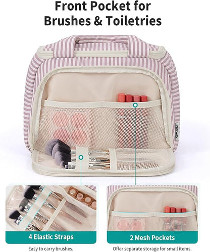 Narwey Large Travel Toiletry Bag, Wide-open Travel Bag for Toiletries, Toiletry Bags for Traveling Women, Cosmetic Make Up Makeup Bag Organizer with Wet Pocket, Shower Skincare Bag (Dusty Pink Stripe)
