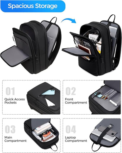 Work Backpack for Men, Expandable Backpack with USB C Charging Port, Water Resistant 15.6 Inch Laptop Backpack, Black