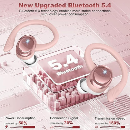 Wireless Earbuds Sport, New Bluetooth 5.4 Headphones with Earhooks, 50H Stereo Deep Bass Over Ear Buds with 4 ENC Noise Canceling Mics, IP7 Waterproof Earphones for Running Workout Gym -Rose