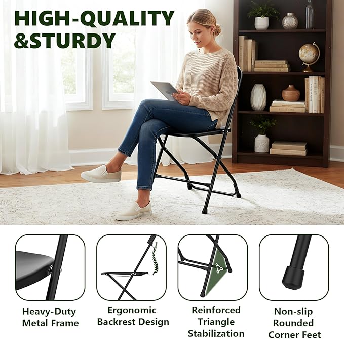 Folding Chairs 2 Pack, Outdoor Portable Foldable Chair with Steel Frame, 350lbs Capacity Heavy Duty Metal Black Plastic Folding Chairs for Patio, Picnic, Kitchen, Dining