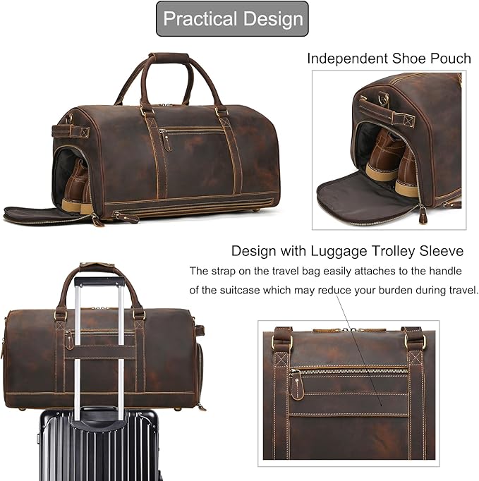 Genuine Full-grain Leather Travel Bag Large Capacity Duffel Luggage Bag with Shoe Compartment, Men Women Weekend Shoulder HandBag for Holiday Trip