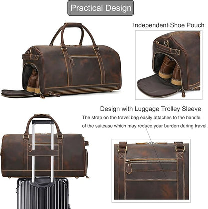 Genuine Full-grain Leather Travel Bag Large Capacity Duffel Luggage Bag with Shoe Compartment, Men Women Weekend Shoulder HandBag for Holiday Trip