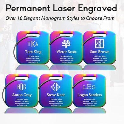 Personalized Luggage Tags for Suitcases - Stainless Steel Custom Luggage Tags for Backpacks & Bags, Sturdy, Waterproof & Heavy Duty (Rainbow/Square)
