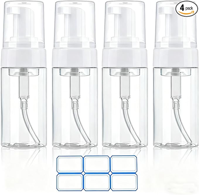 4 Pack 3.4 Oz (100ml) TSA Approved Travel Size Foam Pump Bottles for Toiletries Clear Travel Size Bottles Leak Proof with Labels