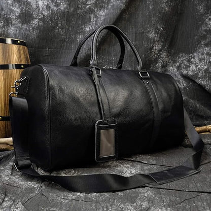 Leather Travel Bag Large Capacity Luggage Duffel Bag with Shoe Compartment, Men Women Weekend Shoulder Handbag for Holiday Business Trip (55cm-Black)