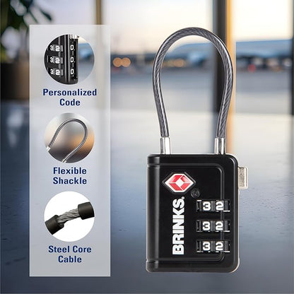 Brinks TSA Accepted Indicator Luggage Lock, Black - Resettable 3-Dial Combination, 1.5 inch Long Cable Shackle, New More Secure TSA008 Key, 2 Pack
