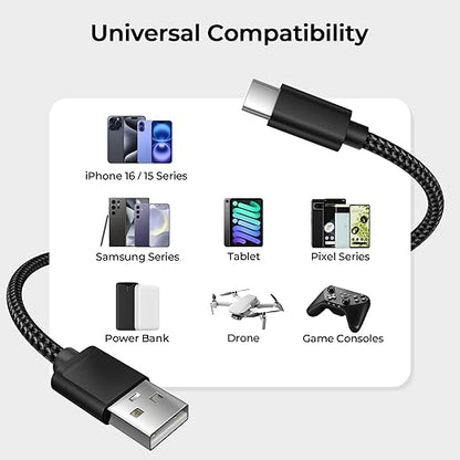 Basesailor USB Type C Charger Cable 1FT 2 Pack,Nylon Charging Cord for Samsung Galaxy Z Flip Fold,Note S9 S10 S10E 10E S23 Plus Ultra,A51 A52 A53,Google Pixel 6 5 4 XL,iPhone 17 Air 16 16e 15 Pro Max