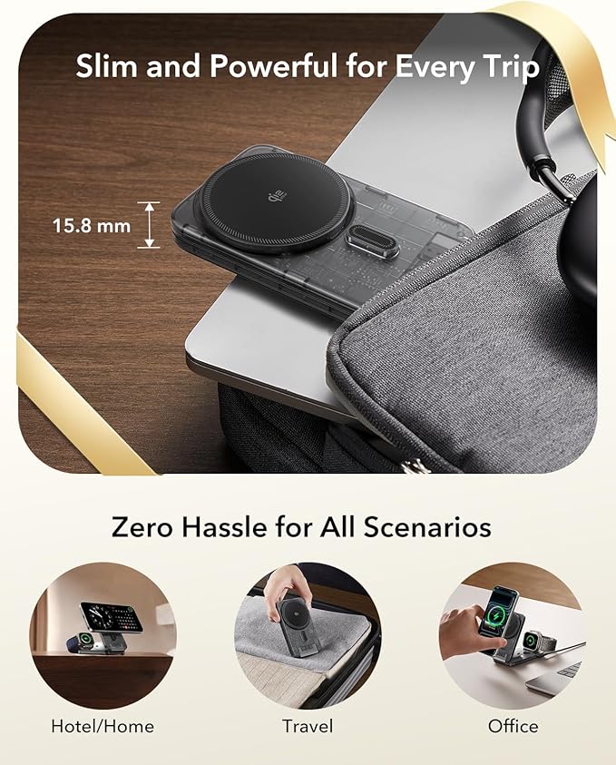 ESR 3 in 1 Charging Station for Apple, Qi2.2 25W MagSafe Charger with CryoBoost, Phone-Cooling Wireless Charging Station, Foldable, for iPhone 17/16 with iOS 26, AirPods, Apple Watch, Frosted Graphite