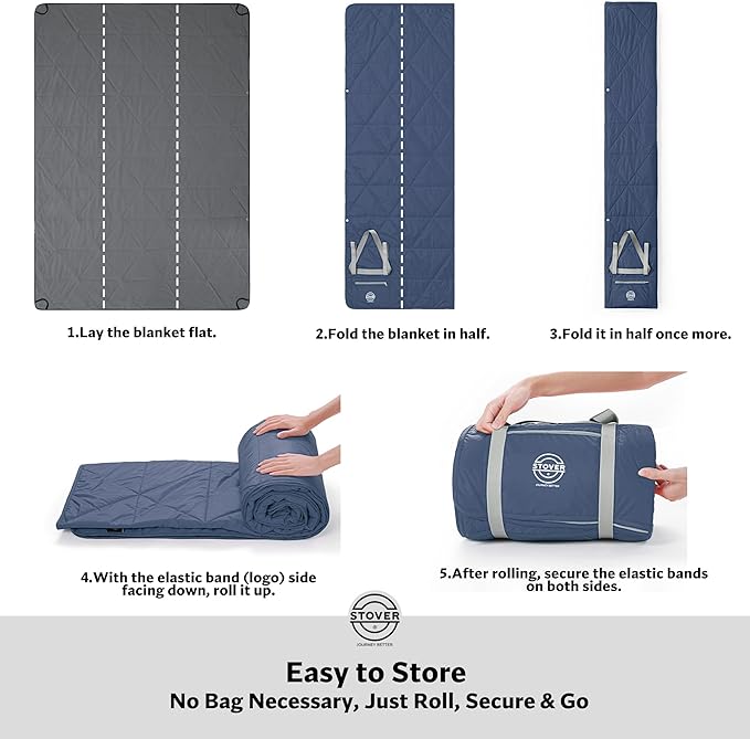 STOVER Large Waterproof Outdoor Stadium Blanket– Extra Thick Soft Fleece Camping Blanket for Travel, Picnics, Sports, Dogs– 79"x55", Warm, Windproof, Sand-Proof, Lightweight, Packable (Glacier Blue)