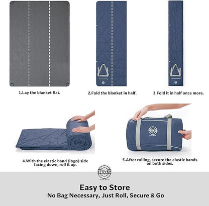 STOVER Large Waterproof Outdoor Stadium Blanket– Extra Thick Soft Fleece Camping Blanket for Travel, Picnics, Sports, Dogs– 79"x55", Warm, Windproof, Sand-Proof, Lightweight, Packable (Glacier Blue)